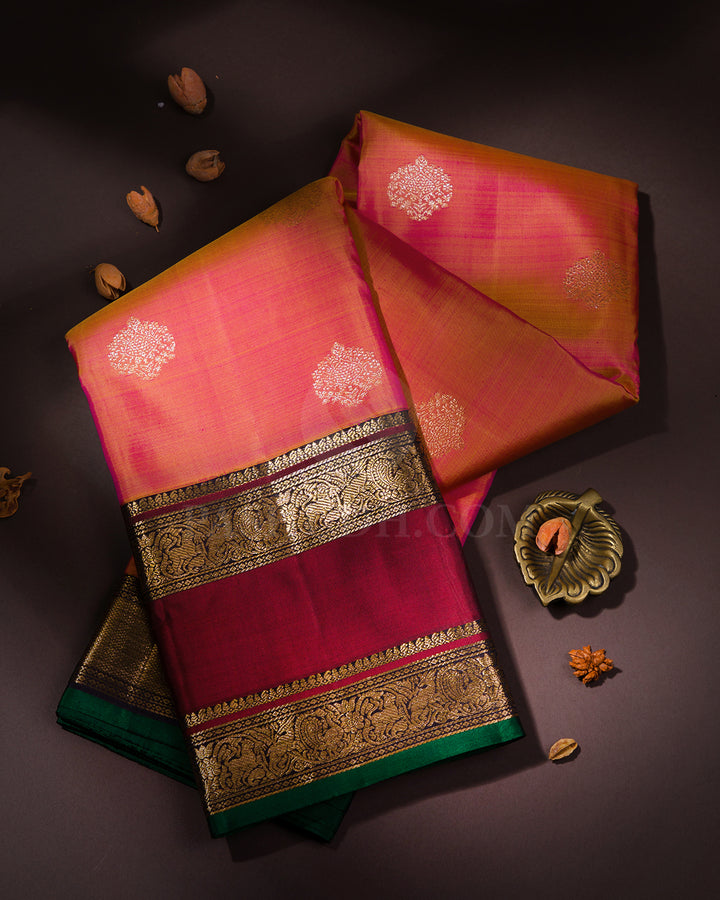 Pink Shot Orange Pure Zari Kanjivaram Silk Saree with Sku Code S590 , view 1