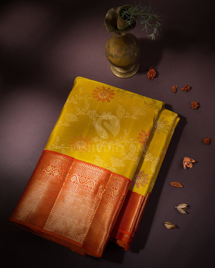 Yellow and Sunset Red Pure Zari Kanjivaram Silk Saree - S663 - View 1