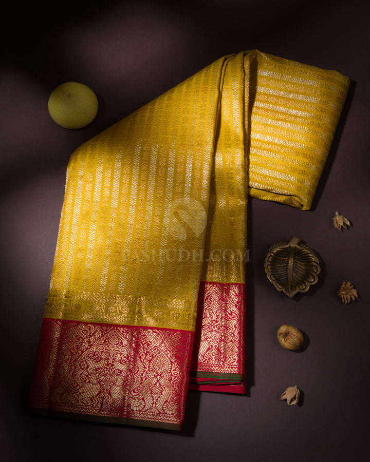 Yellow and Red Pure Zari Kanjivaram Silk Saree - S653 - View 1