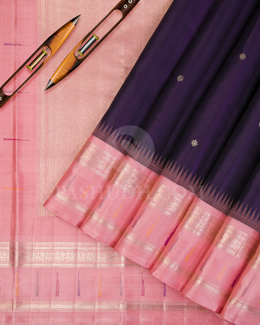 Purple And Baby Pink Kanjivaram Silk Saree with Paithani Border - S1161(A) - View 2