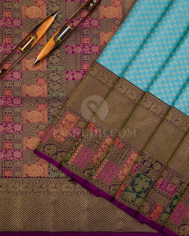 Sky Blue & Purple Kanjivaram Silk Saree - P142(A) - View 2