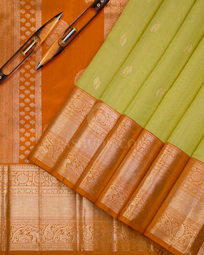 Lime Yellow & Orange Kanjivaram Silk Saree - S1006 - View 2