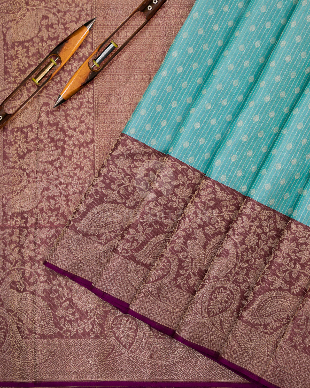 Sky Blue & Chocolate Kanjivaram Silk Saree - S763 - View 3