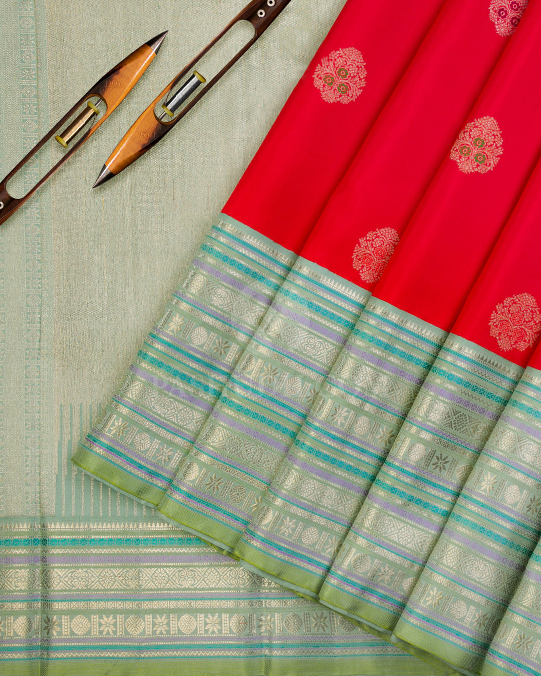 Red and Sage Green Kanjivaram Silk Saree - S908 - VIew 3