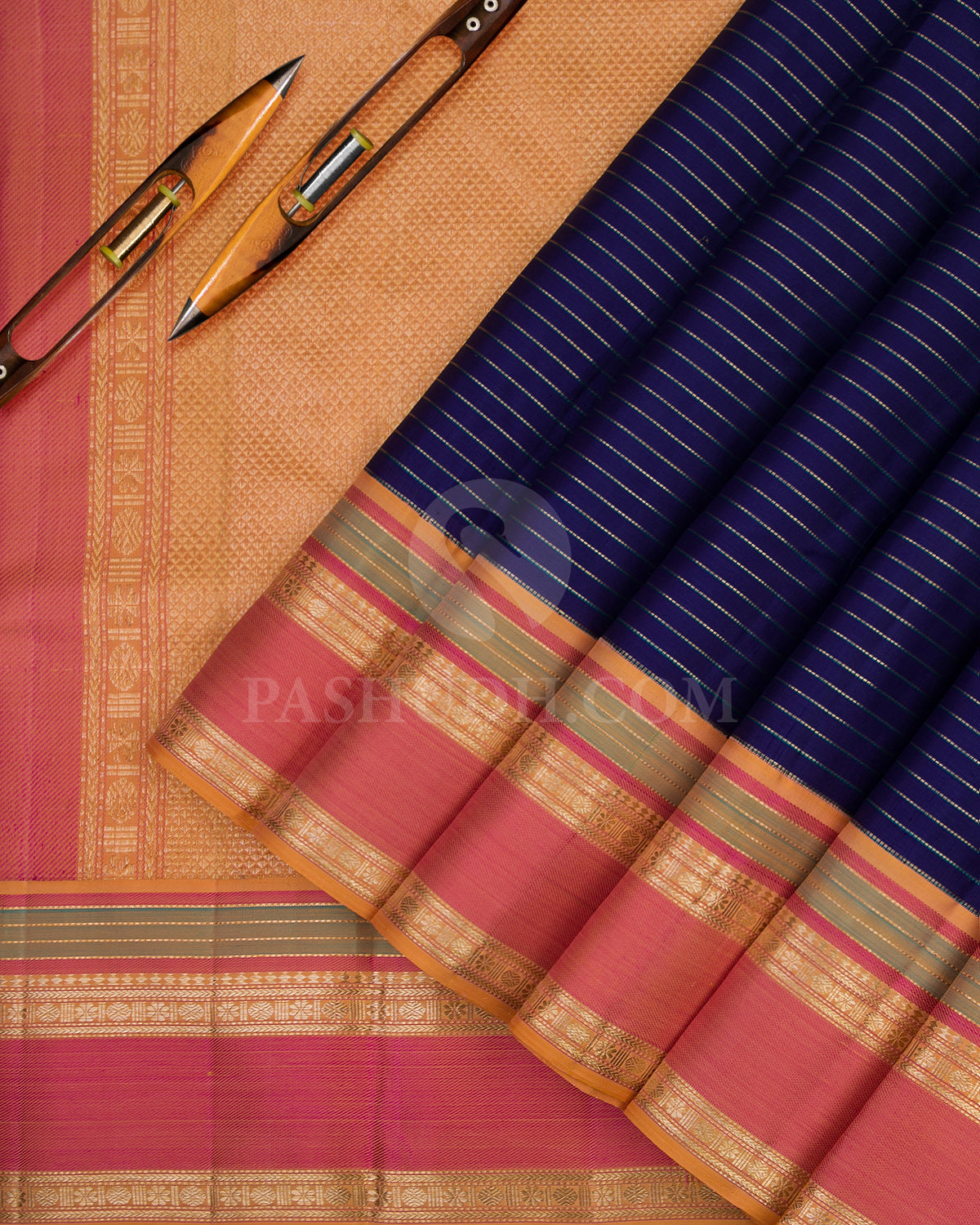 Dark Blue, Peach and Pink Kanjivaram Silk Saree - S706 - View 3
