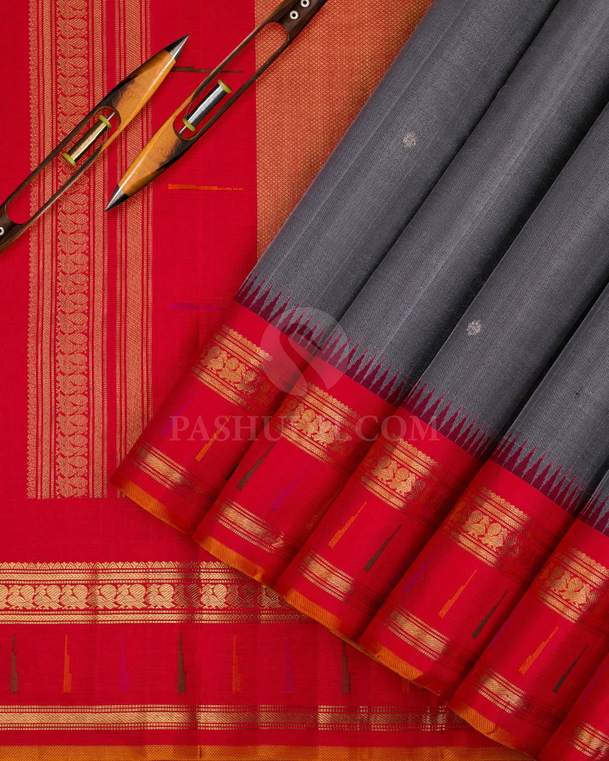 Black And Red Pure Zari Paithani Kanjivaram Silk Saree - P150(A) - View 2