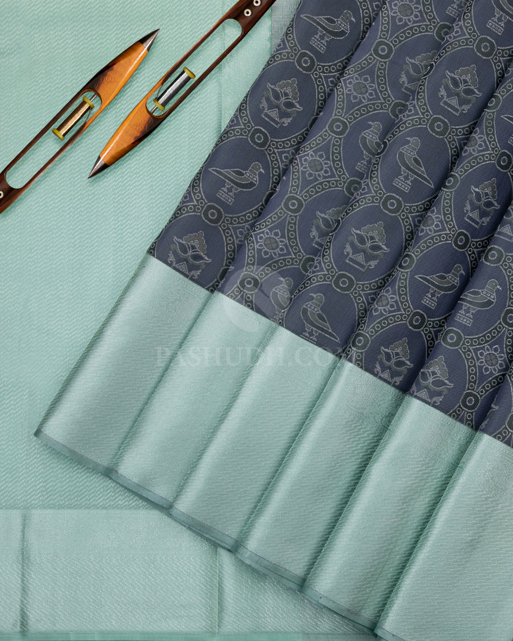 Steel Grey and Mint Kanjivaram Silk Saree - D435 - View  2
