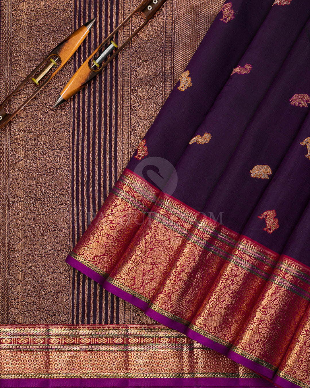 Dark Purple & Red Kanjivaram Silk Saree - S1051(A) - View 2