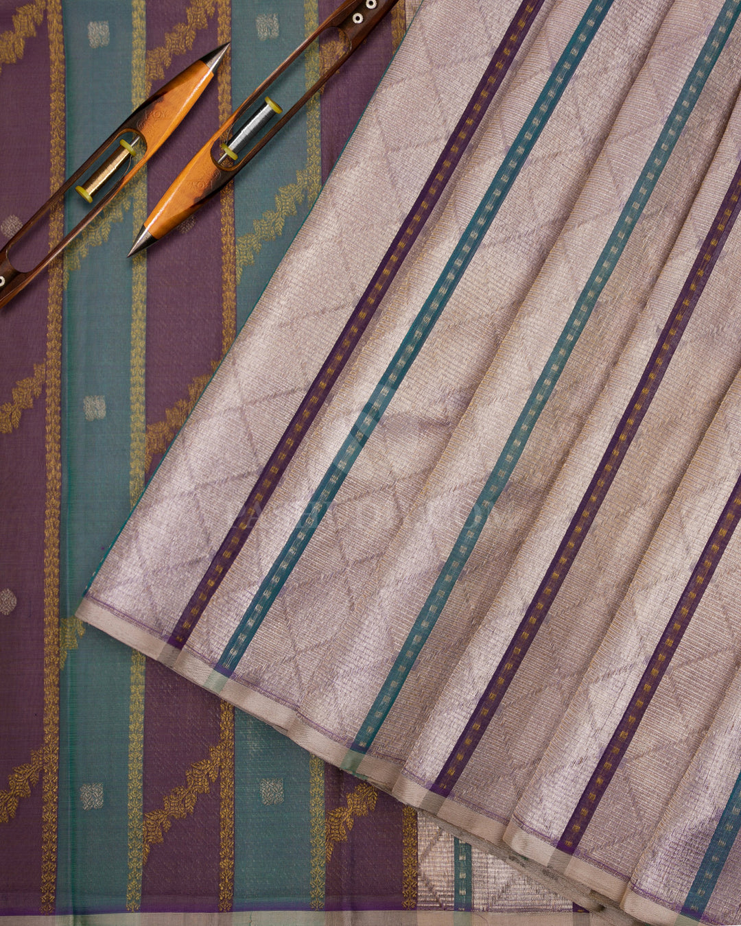 Light Lavender & Khaki Organza Kanjivaram Silk Saree - S747 - View 3