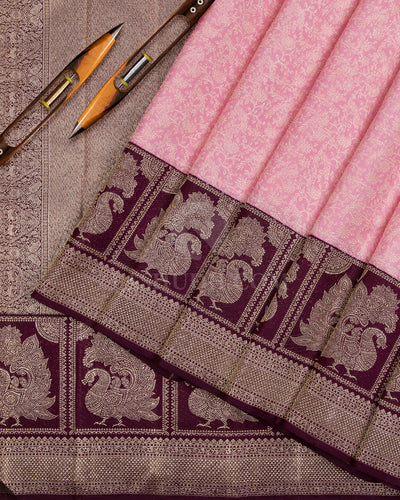 Baby Pink & Wine Kanjivaram Silk Saree - S1082(A) - View 2