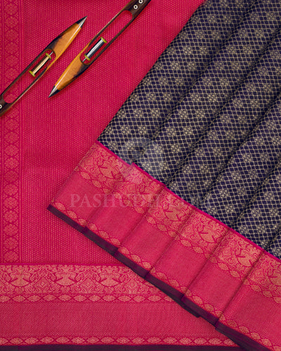 Navy Blue and Rani Pink Kanjivaram Silk Saree - S710- View 3