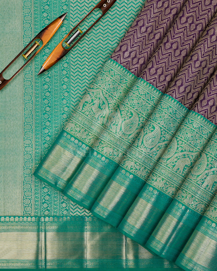 Heather Purple And Sea Green Kanjivaram Silk Saree - S1145(A) - View 2