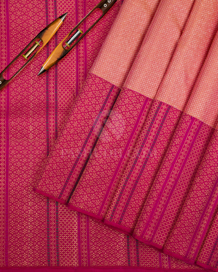 Peach & Rani Pink Kanjivaram Silk Saree- S1098(A) - View 2