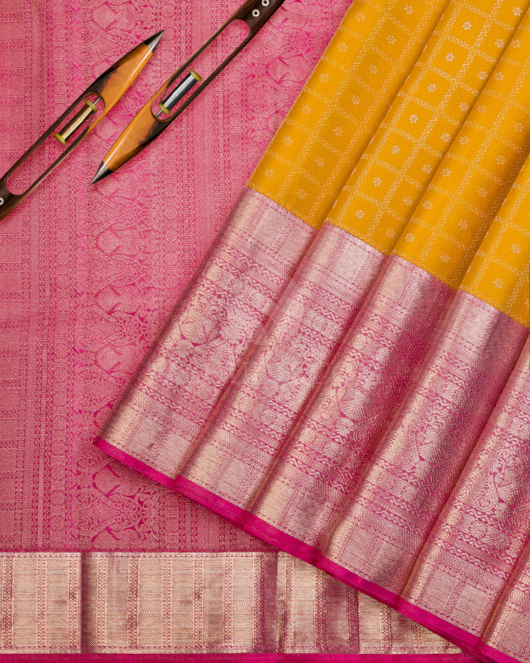 Mango Yellow and Pink Kanjivaram Silk Saree - DT238