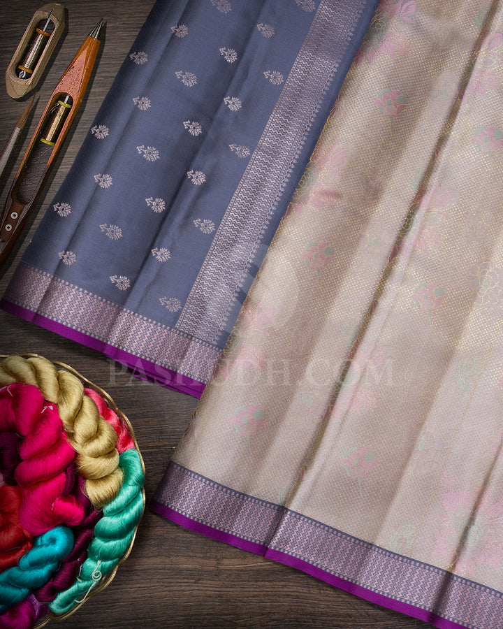 Steel Grey,Peach With Iron Grey Kanjivaram Silk Saree-DJ445(A)