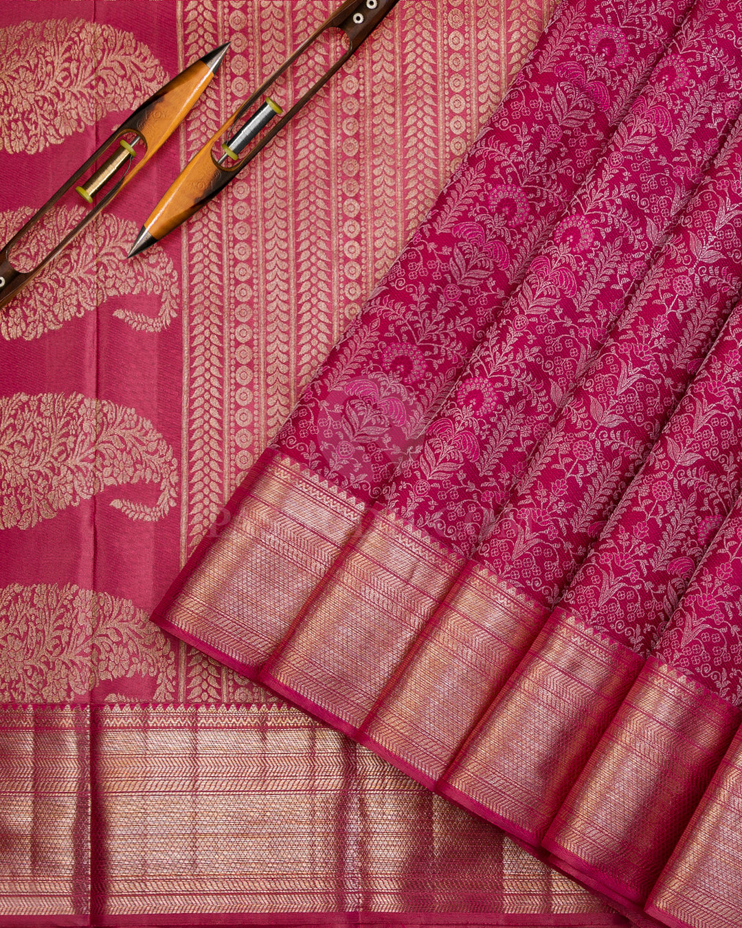 Magenta Pink and Salmon Pink Kanjivaram Silk Saree - D482