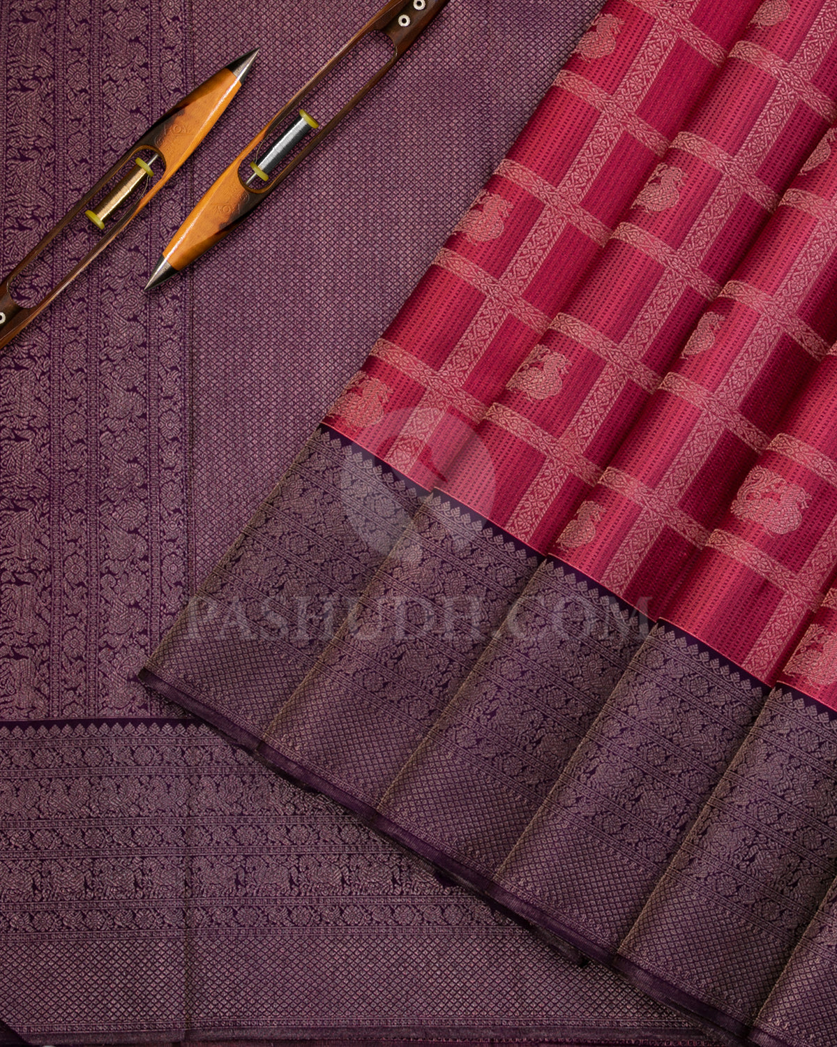 Rouge Pink and Dark Purple Kanjivaram Silk Saree - D494