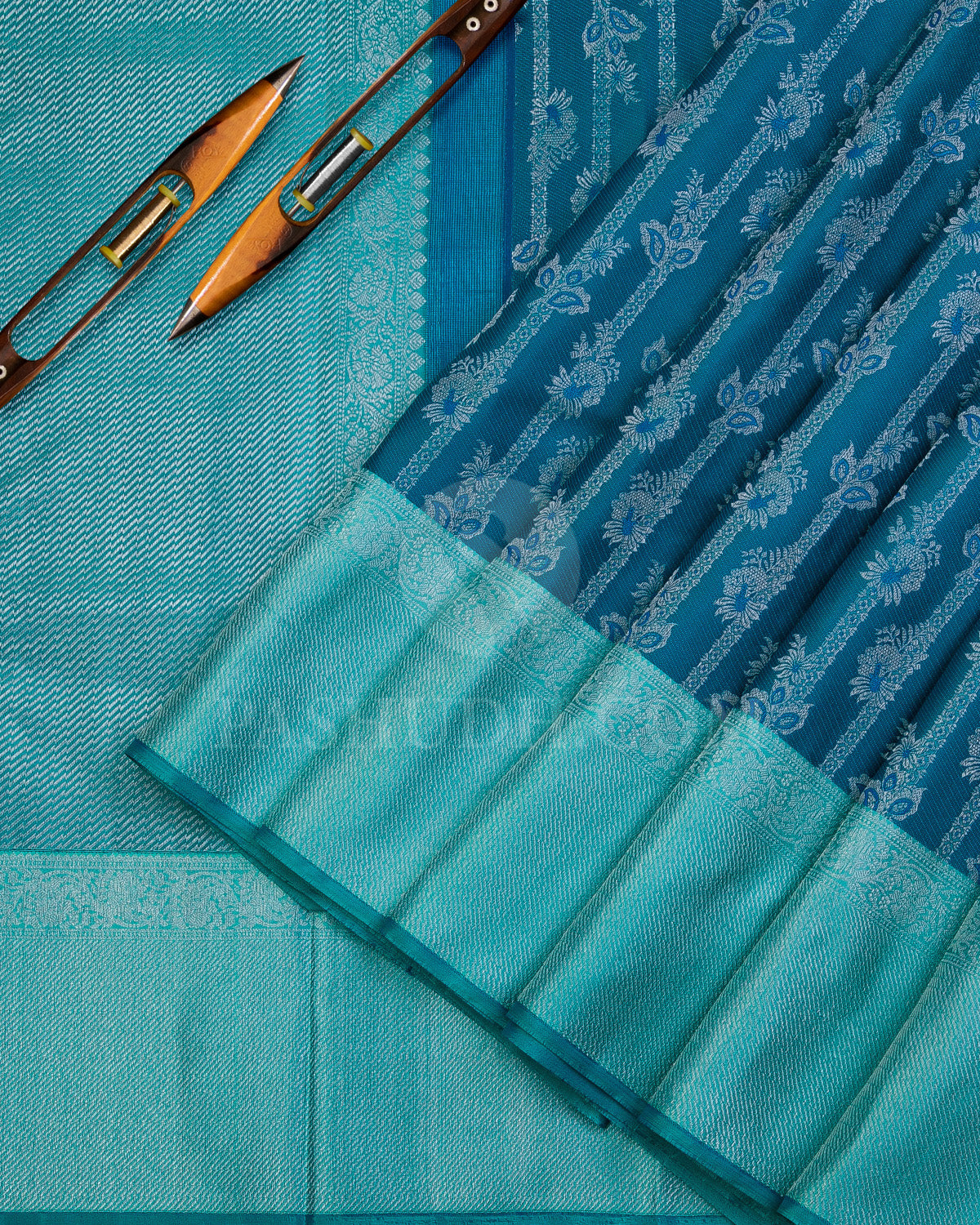 Teal Blue and Sky Blue Kanjivaram Silk Saree - D485