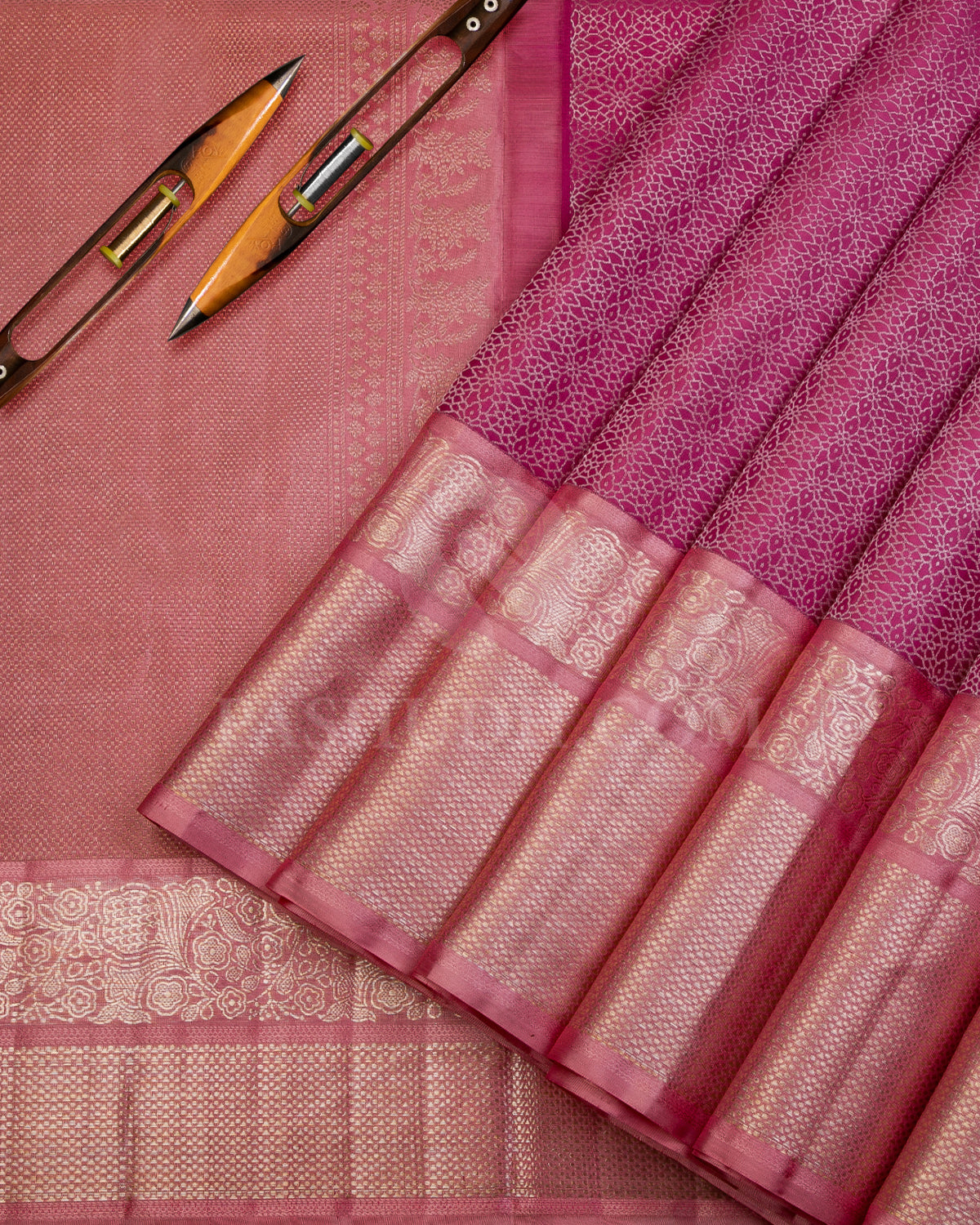 Taffy Pink and Crepe Pink Kanjivaram Silk Saree - DT239
