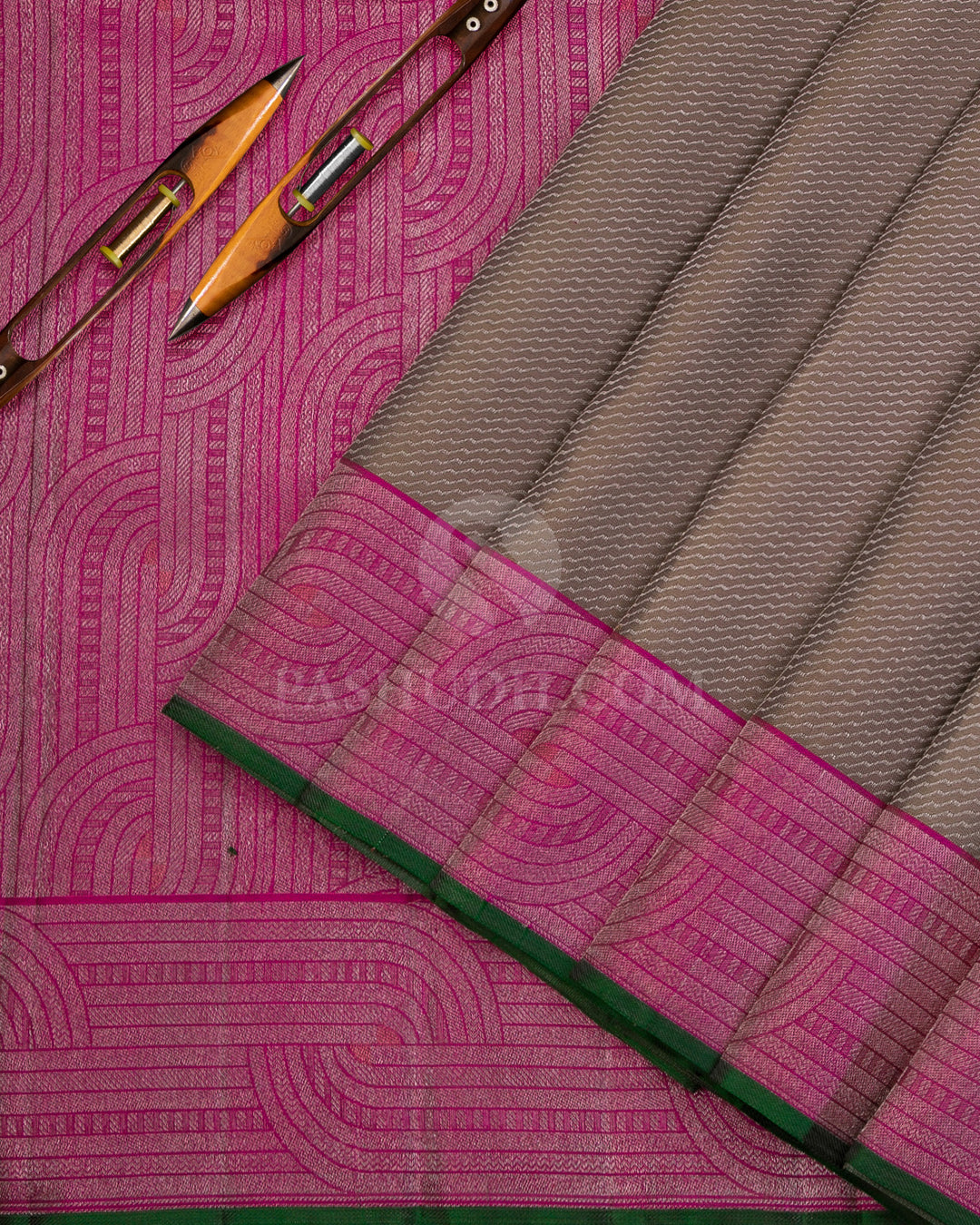 Greige and Fuchsia Pink Kanjivaram Silk Saree - DJ269