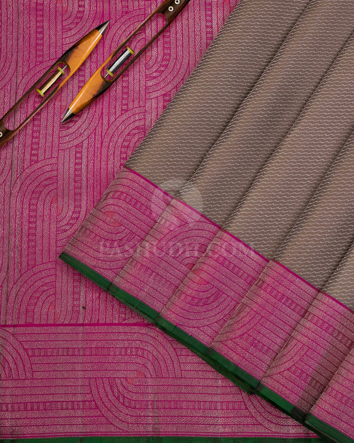 Greige and Fuchsia Pink Kanjivaram Silk Saree - DJ269