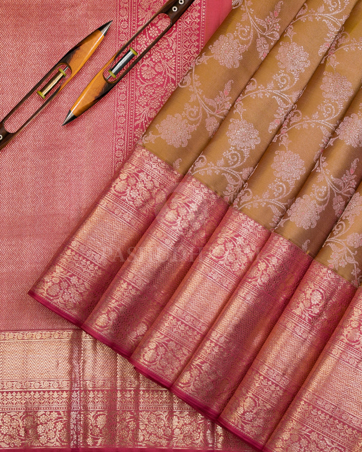 Golden Beige and Wild Orchid Pink Kanjivaram Silk Saree - D496