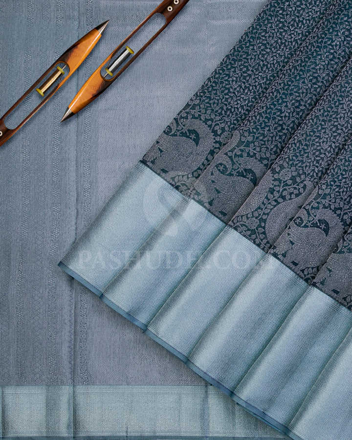 Bottle Green and Slate Grey Kanjivaram Silk Saree - D493