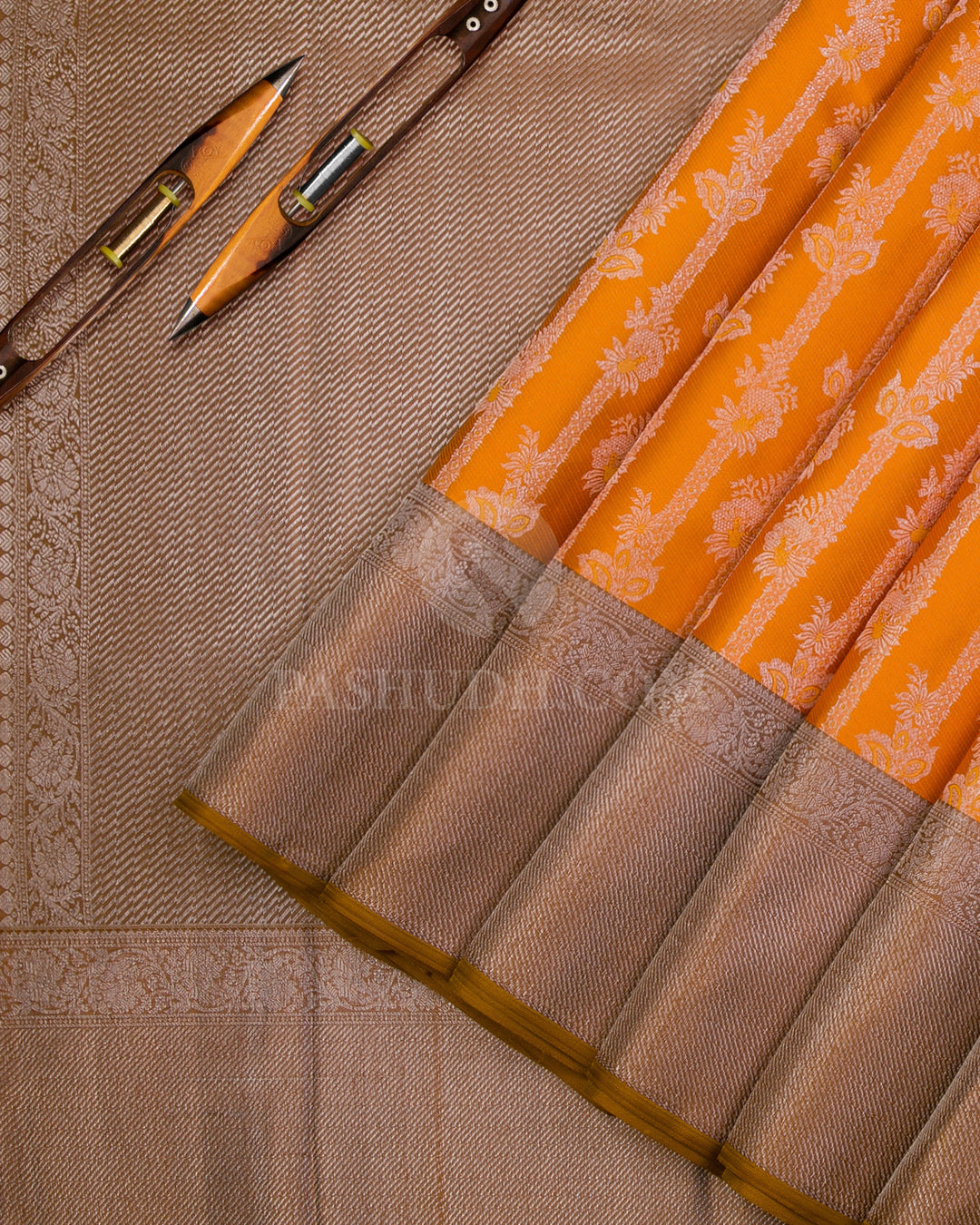 Orange and Khaki Silver Zari Kanjivaram Silk Saree - D497