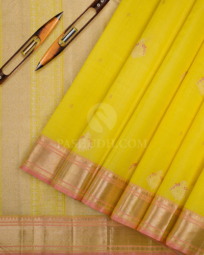 Lemon Yellow, Peach & Pink Kanjivaram Organza Silk Saree - S1100(B) - View 2