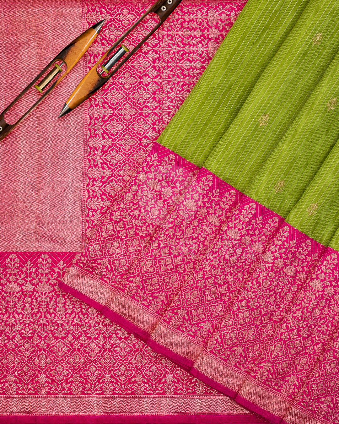 Parrot Green and Bright Pink Kanjivaram Silk Saree - S949