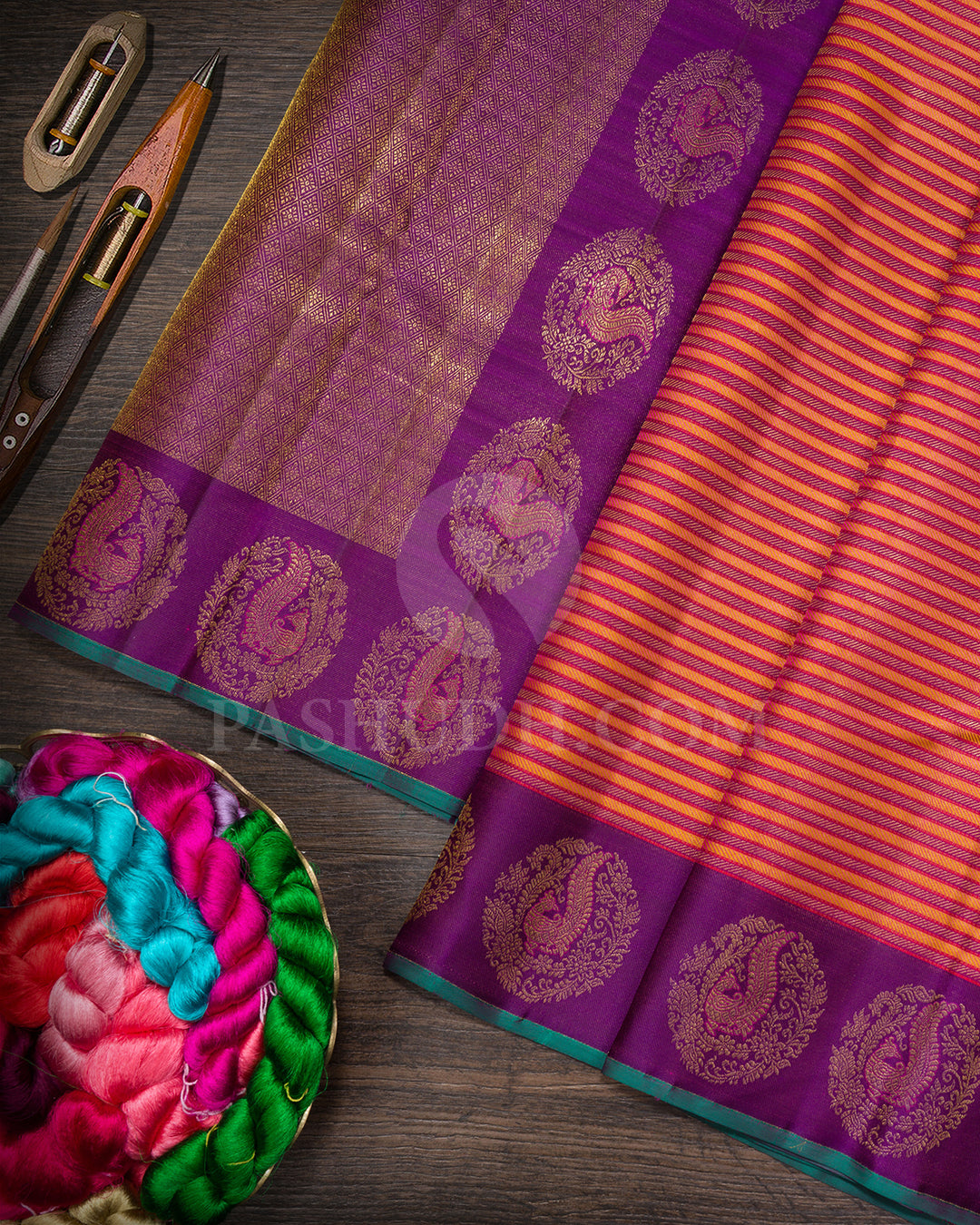 Multicolored With Purple Kanjivaram Silk Saree-DJ439(B)