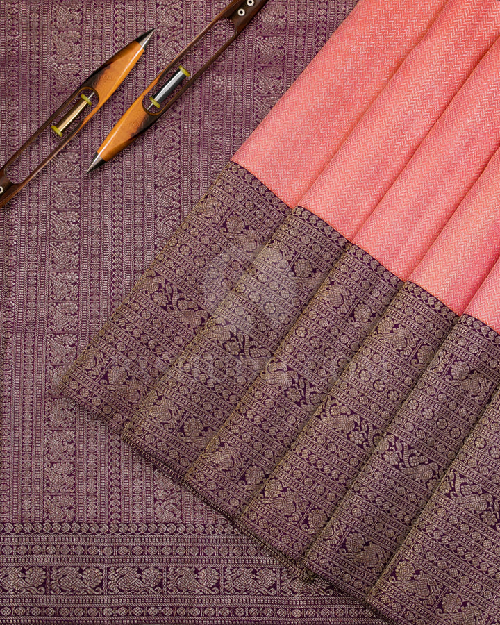Coral Orange and Purple Kanjivaram Silk Saree - S948