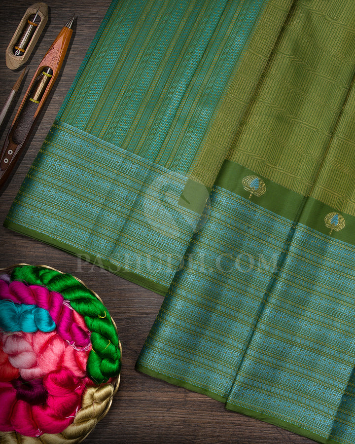 Moss Green With Powder Blue Kanjivaram Silk Saree-D631(F)
