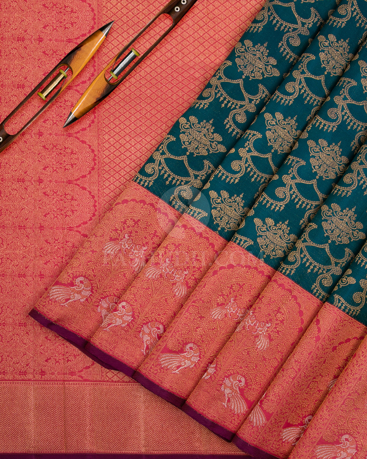 Cobalt Blue & Baby Pink Kanjivaram Silk Saree - S1048(C) - View 2