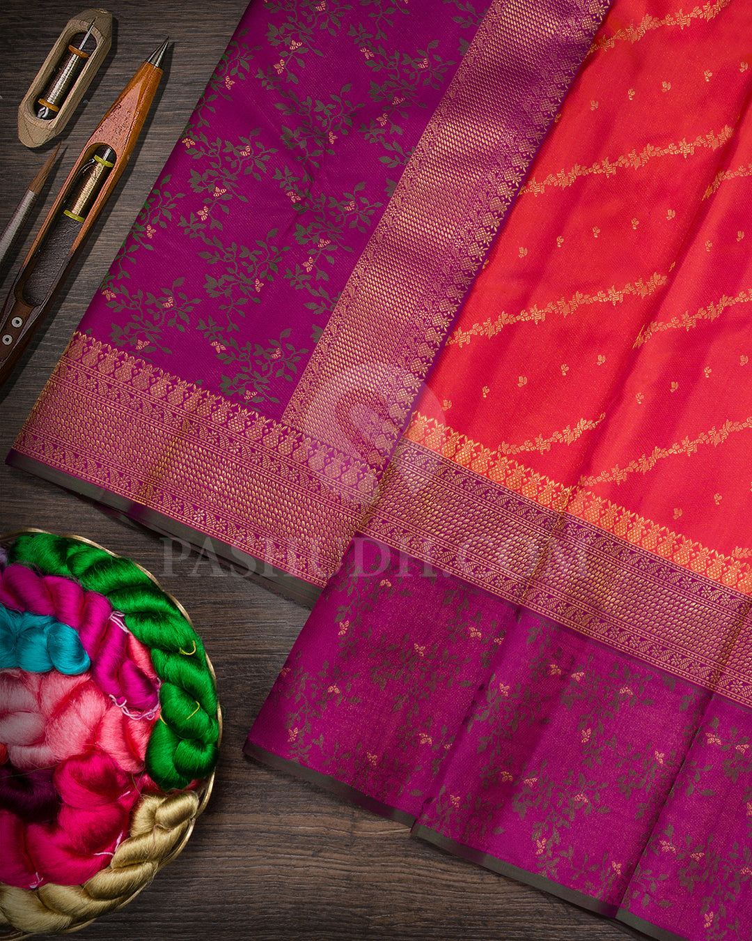 Dual Shaded Orange And Pink With Magenta Kanjivaram Silk Saree-DJ420(D)