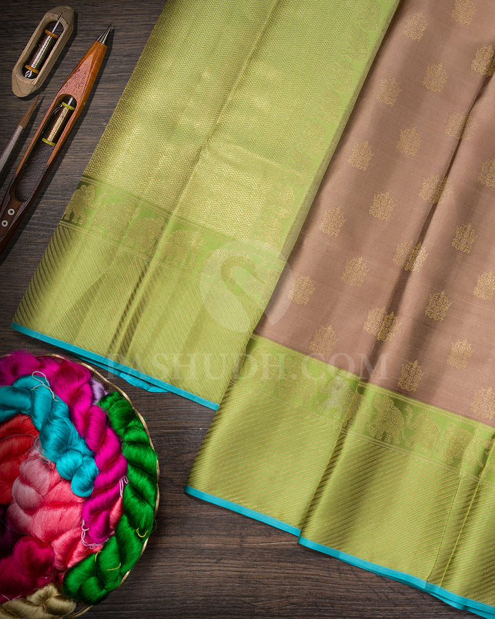 Camel Brown With Parrot Green Kanjivaram Silk Saree-D687(A)