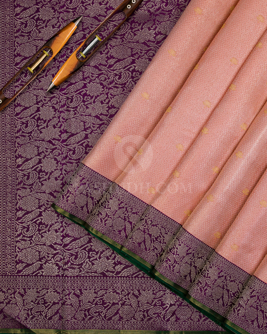 Peachy Pink & Violet Pure Zari Kanjivaram Silk Saree - P140(A) - View 3