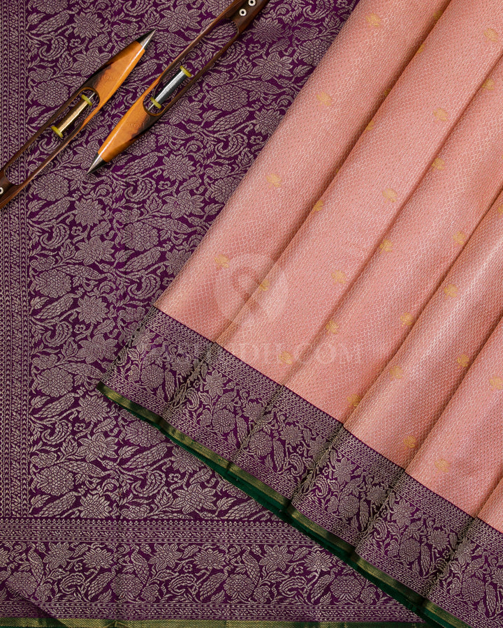 Peachy Pink & Violet Pure Zari Kanjivaram Silk Saree - P140(A) - View 3