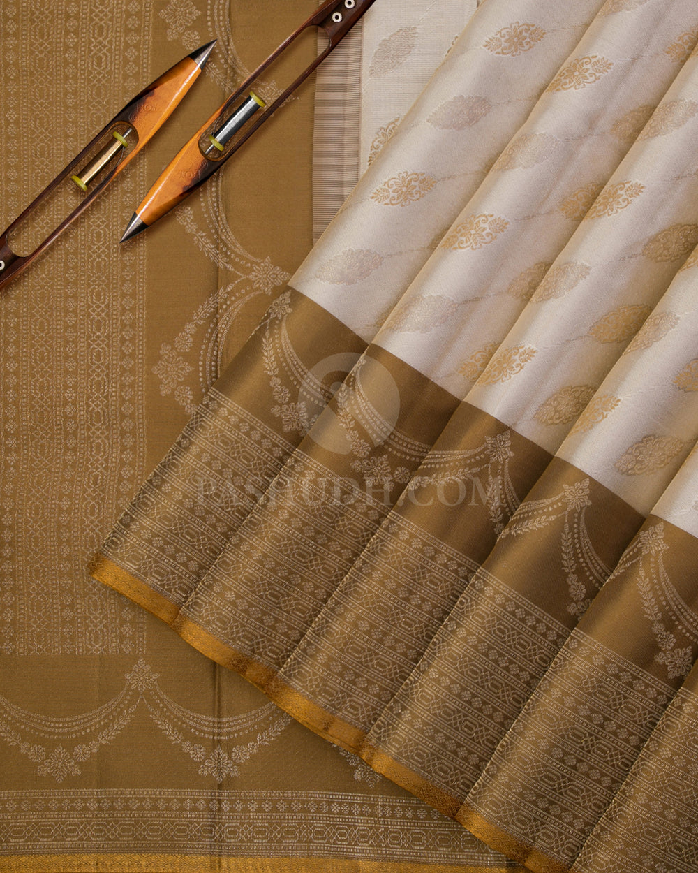 Cream & Golden Mustard Kanjivaram Silk Saree - DJ289(A) - View 1