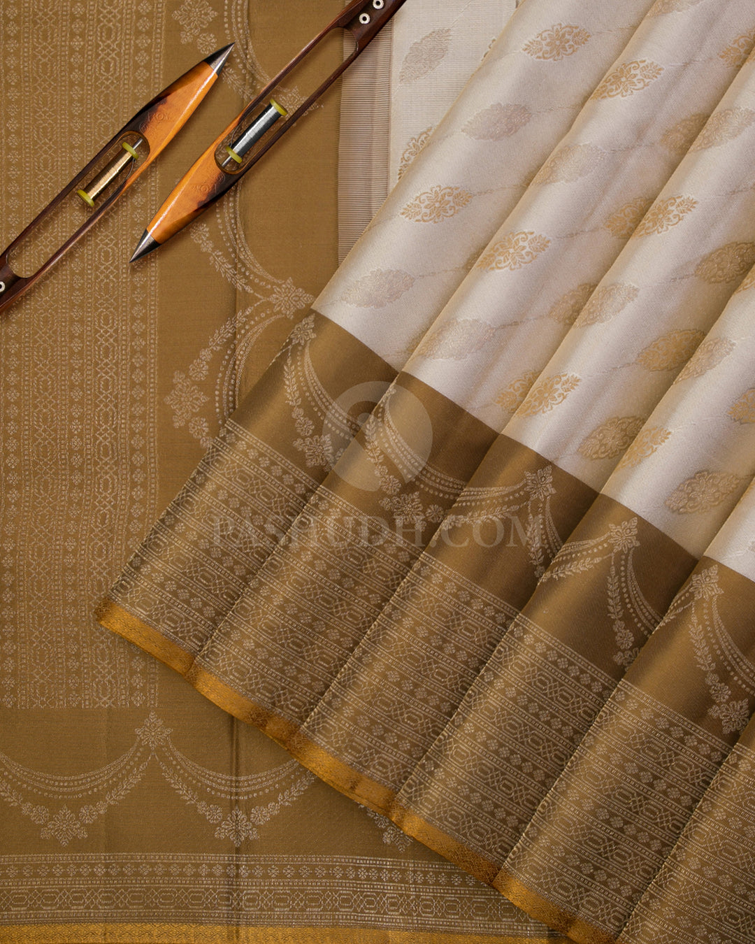 Cream & Golden Mustard Kanjivaram Silk Saree - DJ289(A) - View 1