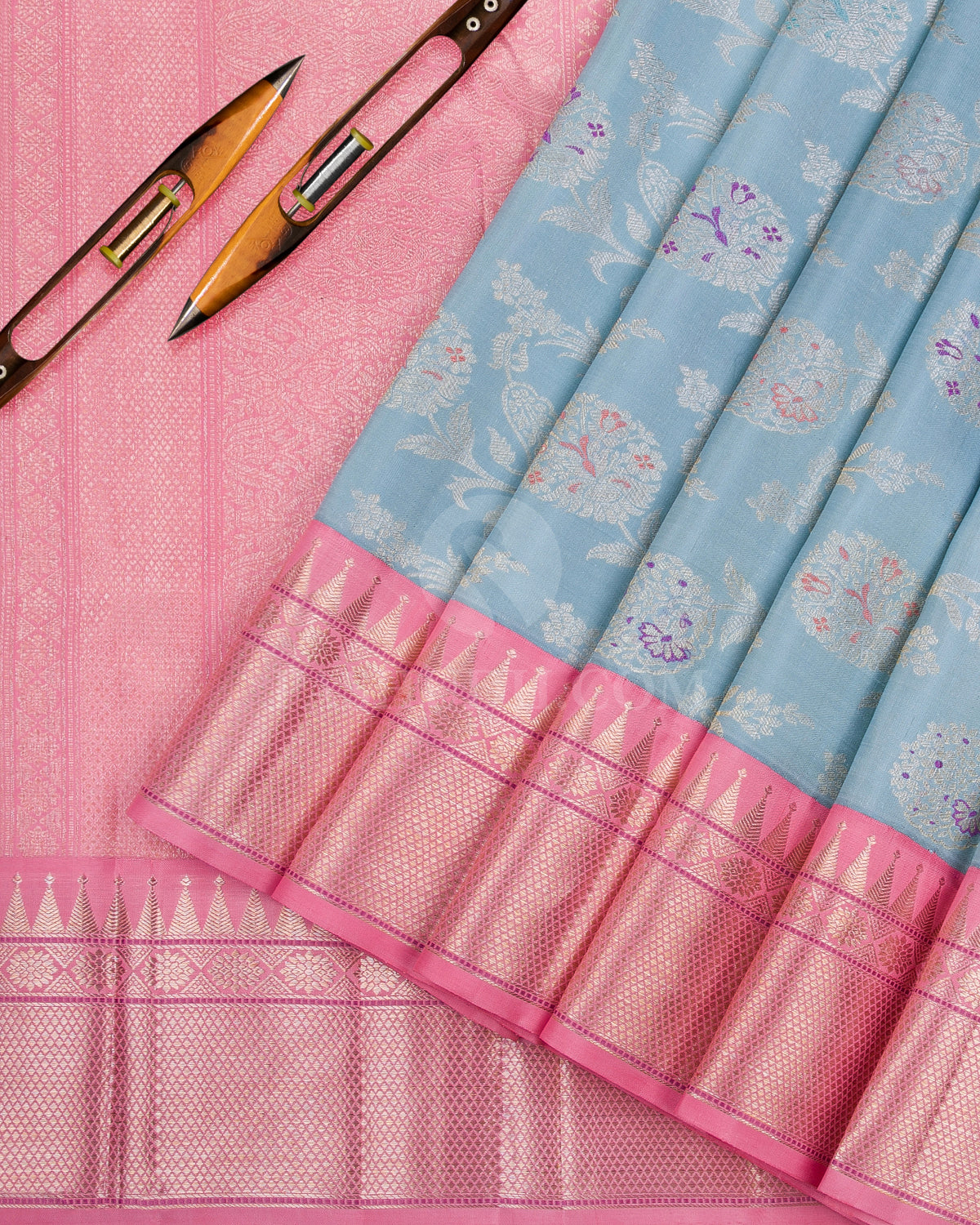 Baby Blue & Baby Pink Kanjivaram Silk Saree - S1050(B) - View 1