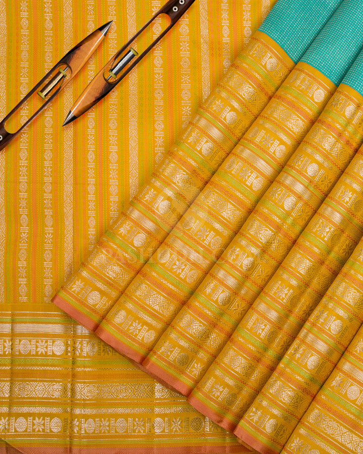 Turquoise Blue & Mango Yellow Kanjivaram Silk Saree - S1080(D) - View 2