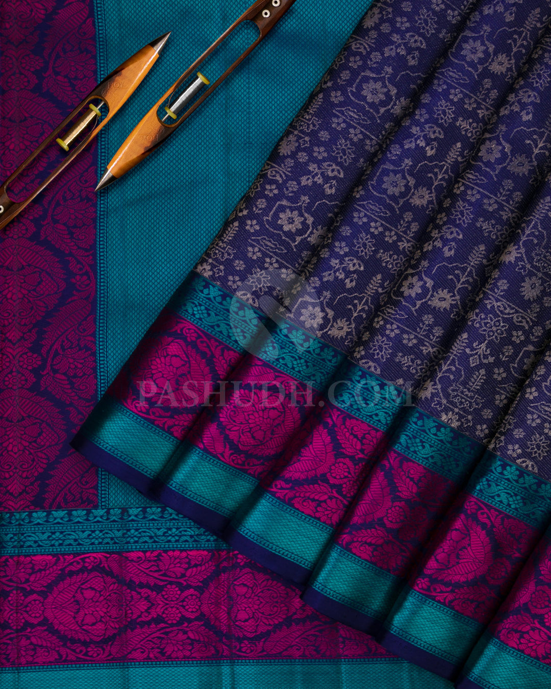 Navy and Anandha Blue Kanjivaram Silk Saree - DJ193 - View 1