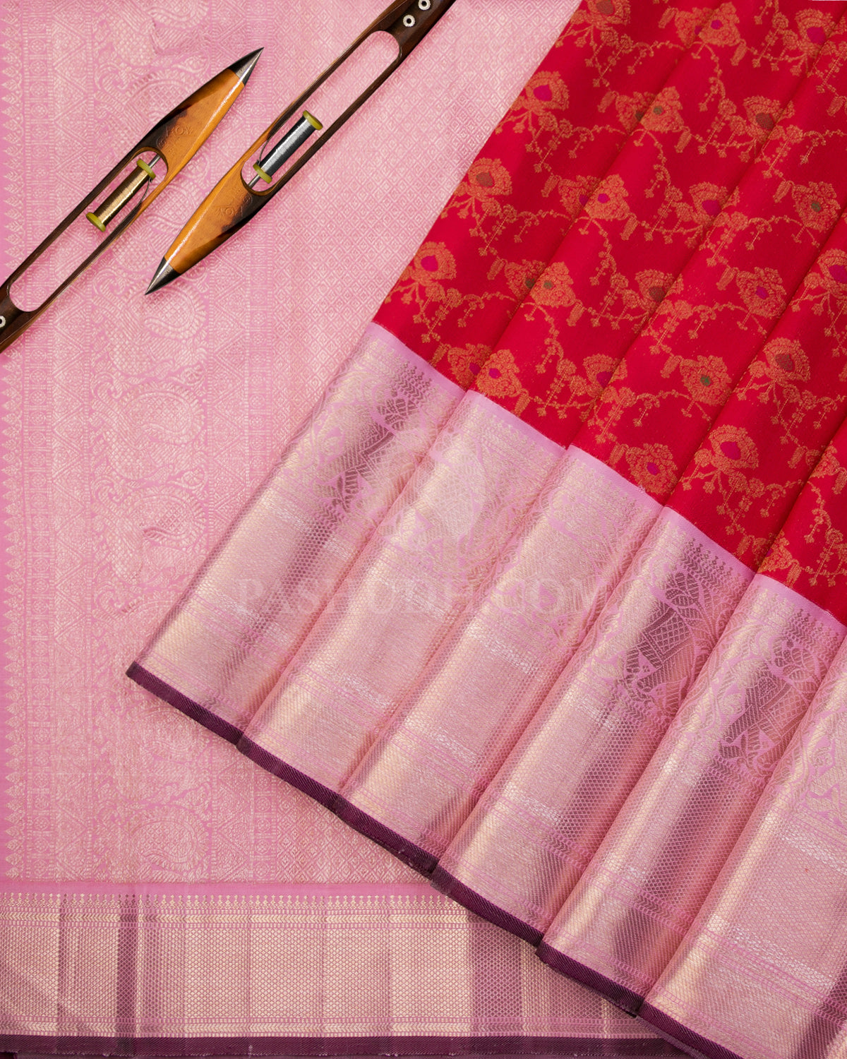 Red and Rose Pink Kanjivaram Silk Saree - S1054(A)