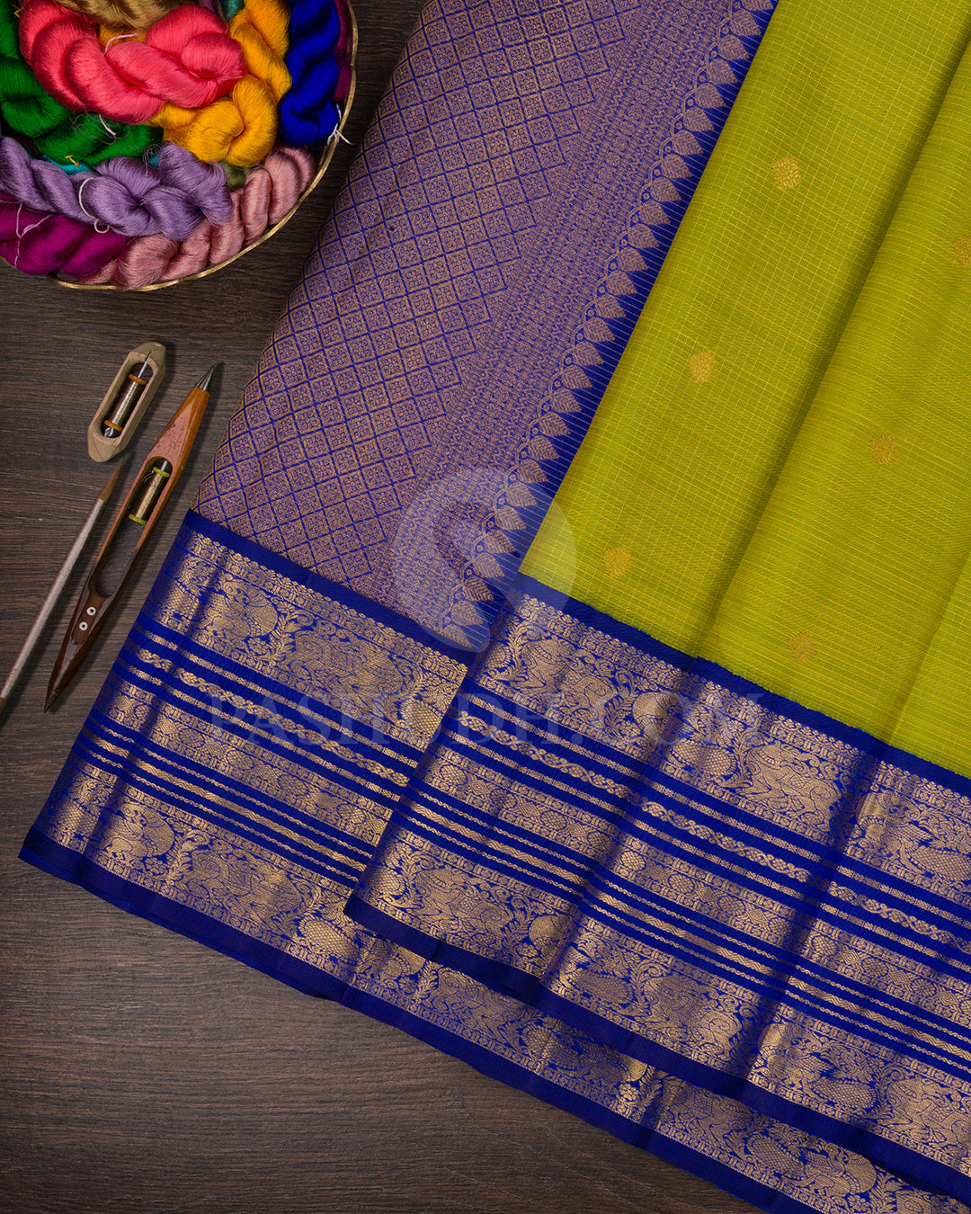 Light Green And Royal Blue Kanjivaram Silk Saree - BKF9