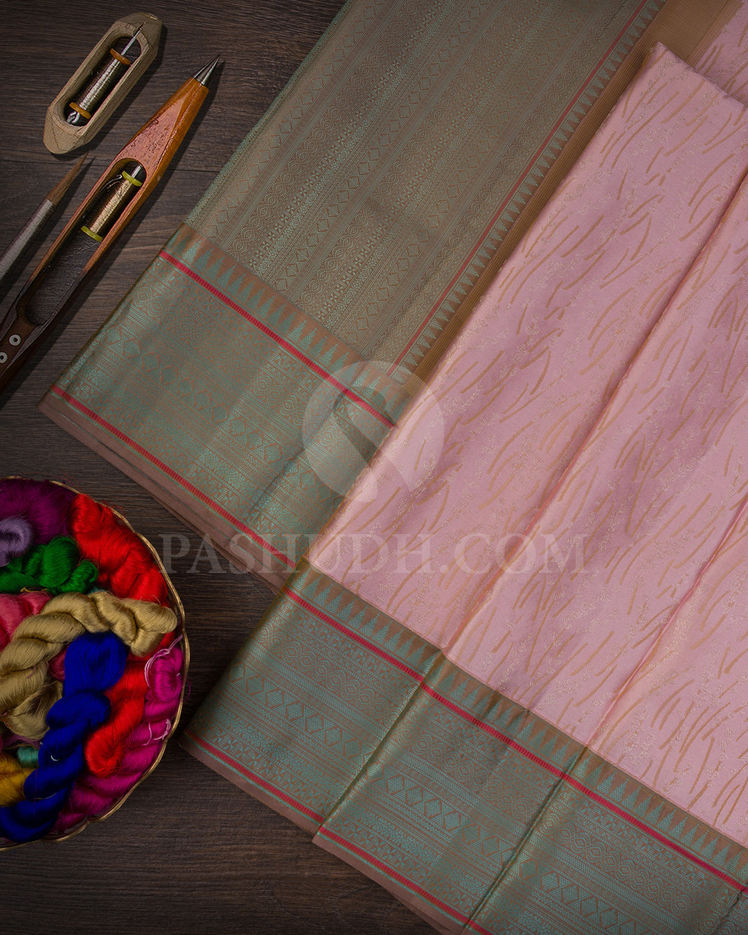 Lace Pink And Khaki Shimmer Kanjivaram Silk Saree - D603(B)