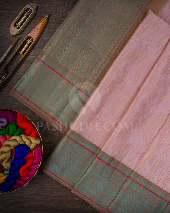 Lace Pink And Khaki Shimmer Kanjivaram Silk Saree - D603(B)