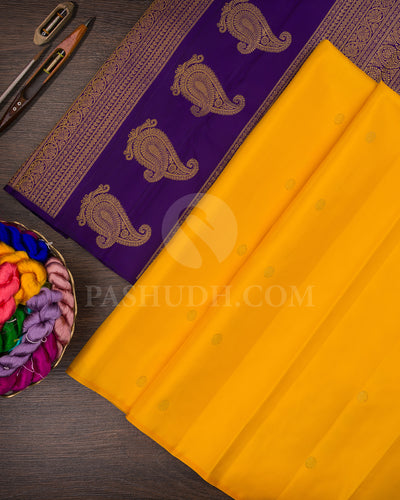 Mango Yellow And Royal Blue Borderless Kanjivaram Silk Saree - BKF4