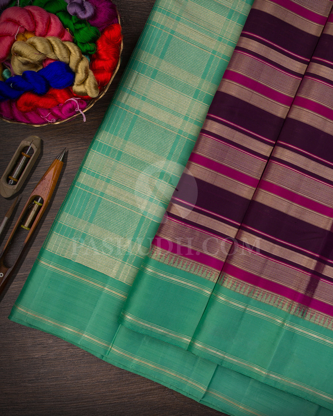 Violet , Rani Pink and Mint Green Kanjivaram Silk Saree - AK18