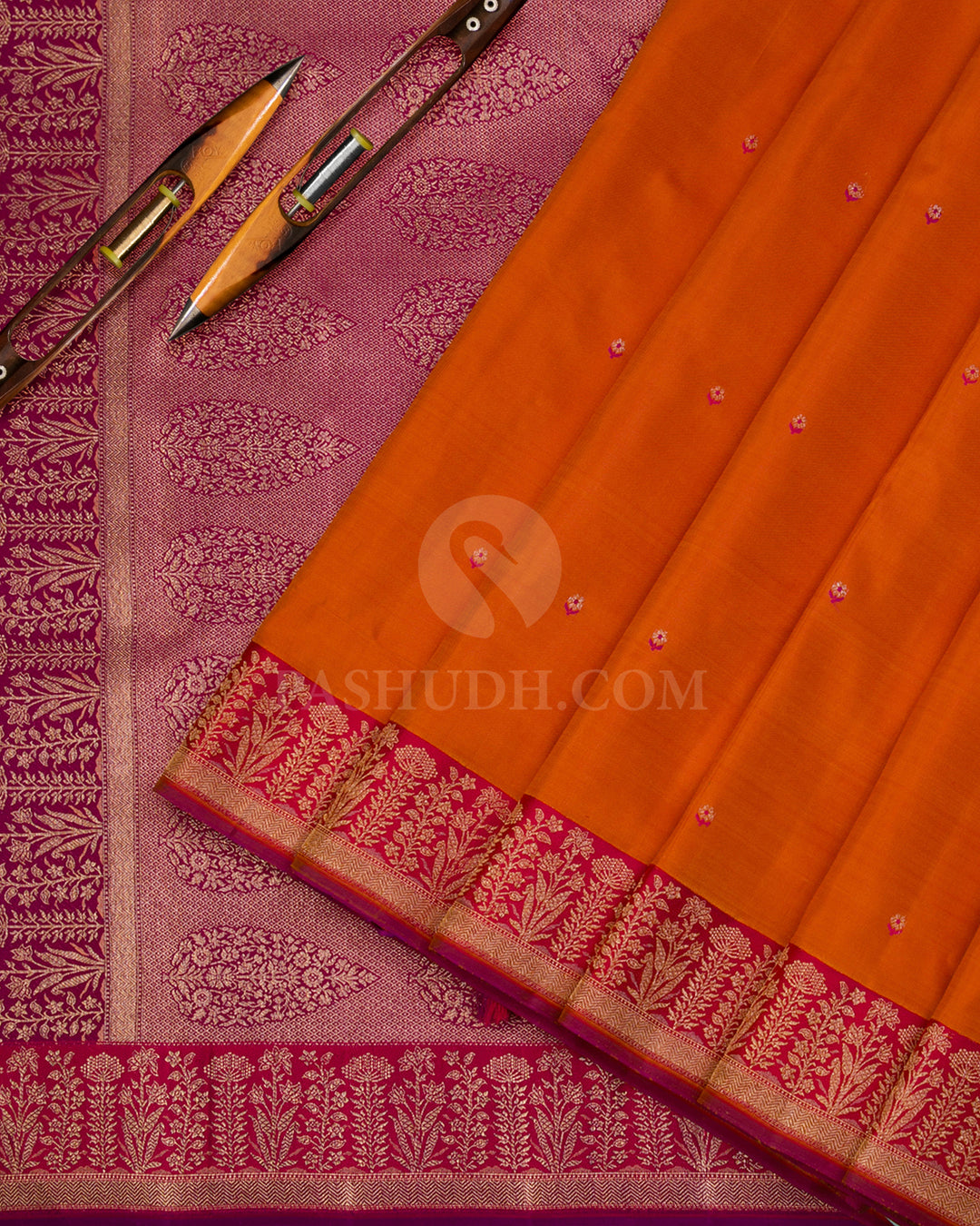 Orange & Rouge Pink Kanjivaram Silkn Saree - S1007 - View 2